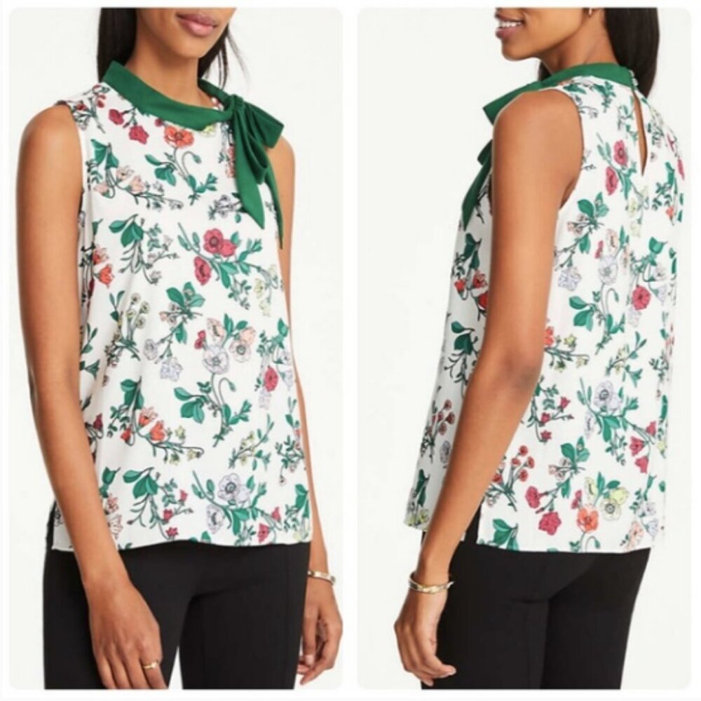 ANN TAYLOR Floral Tie Neck Blouse Sleeveless Top XSP Career Dressy Botanical Wmn